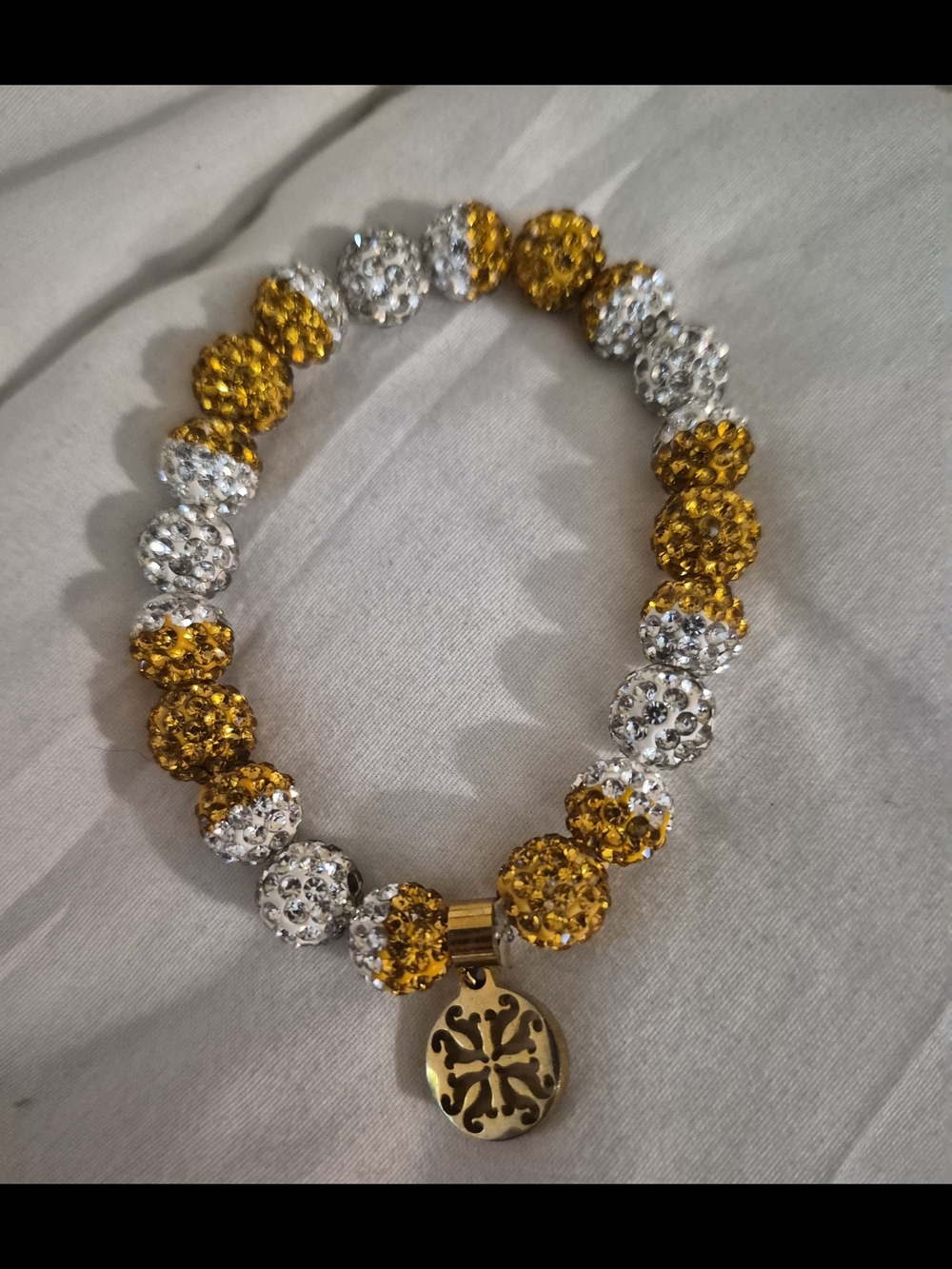 Rustic Cuff Gold & Silver Crystal Bead Stretch Bracelet with Medallion